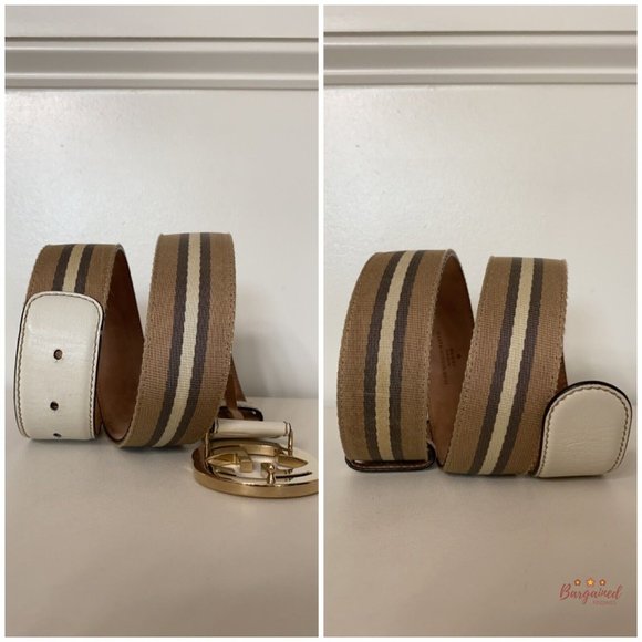 Authentic Gucci Web Canvas Leather Gold Interlocking G Buckle Belt 80/32 114876 - Picture 9 of 13